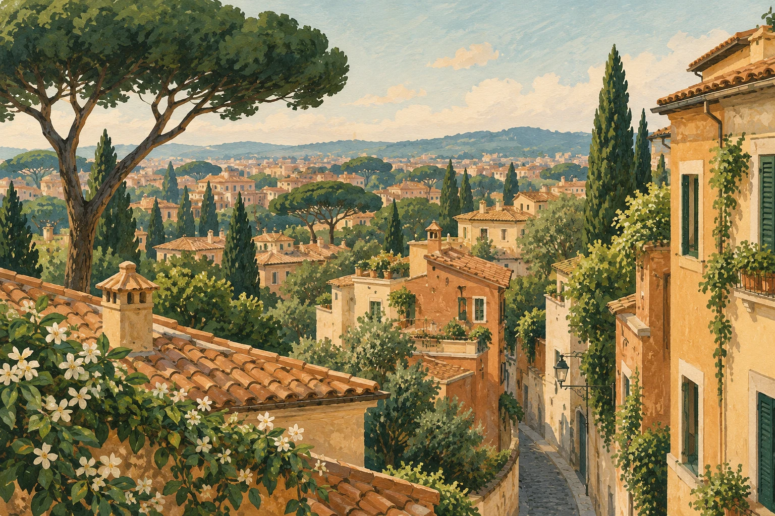 An illustrated Roman atmosphere Editorial illustration of Roman rooftops and umbrella pines